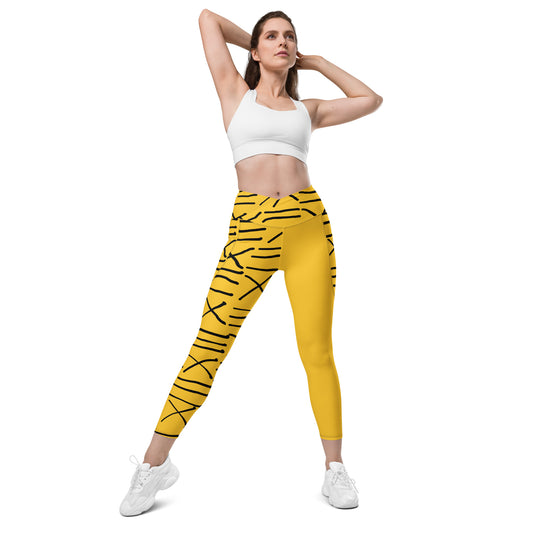 Mud Cloth Inspired Print - Yellow - Crossover leggings with pockets