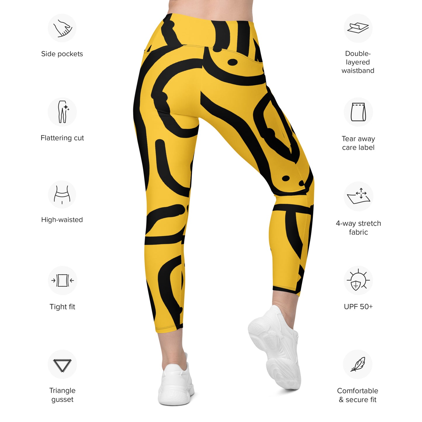 Bantu Print - Yellow Black - Leggings with pockets