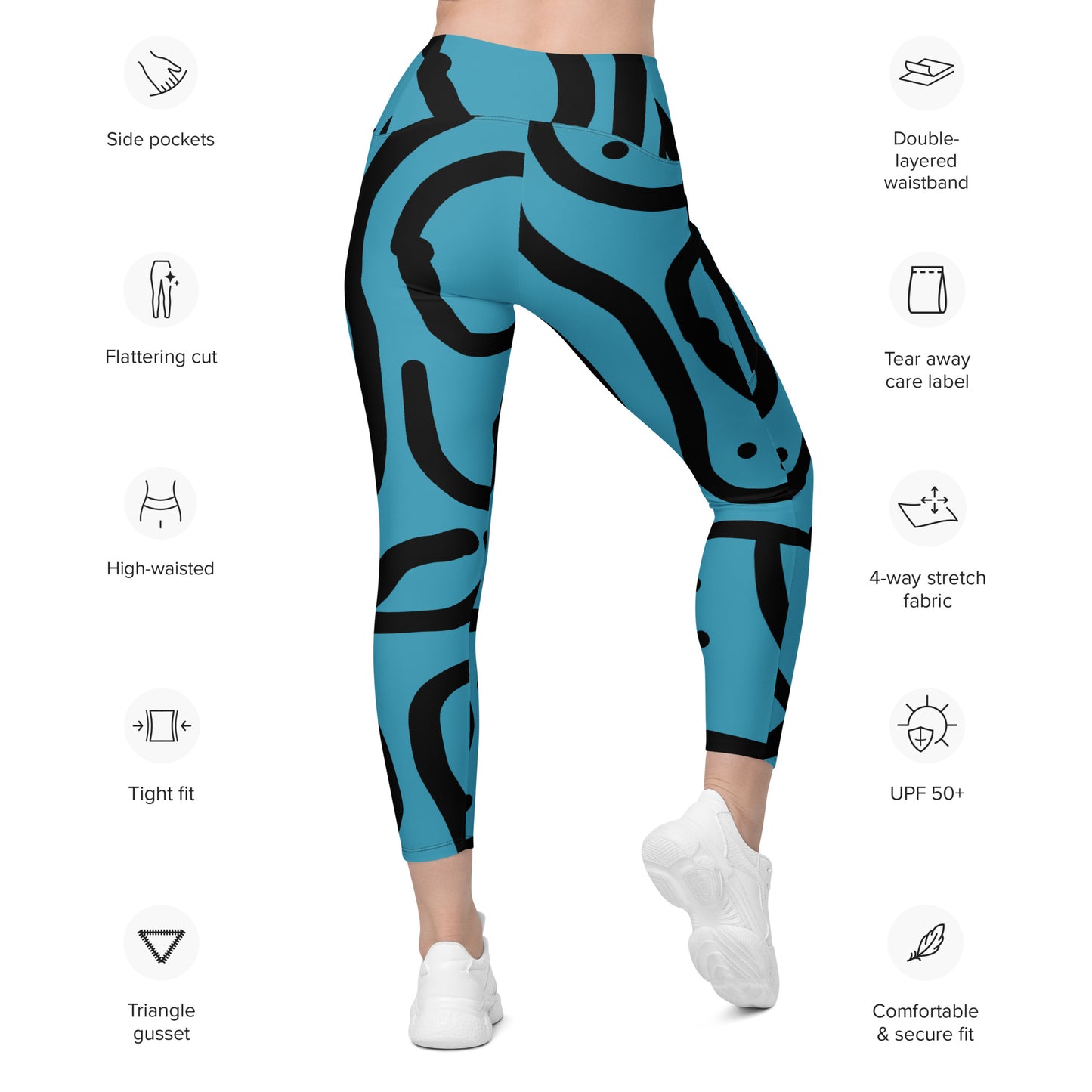 Bantu Print - Blue and Black - Leggings with pockets