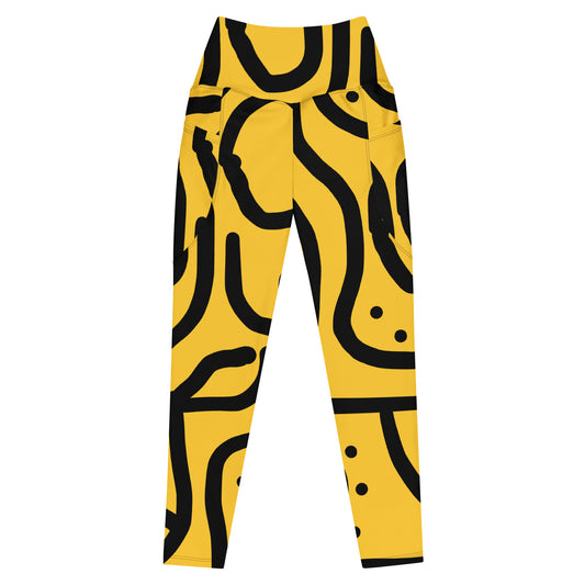 Bantu Print - Yellow Black - Leggings with pockets