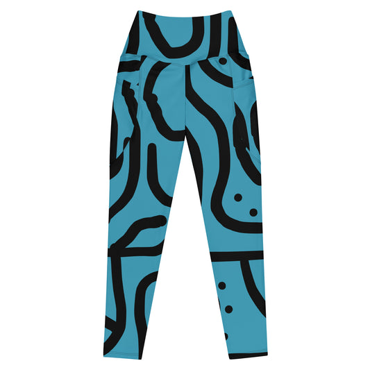 Bantu Print - Blue and Black - Leggings with pockets