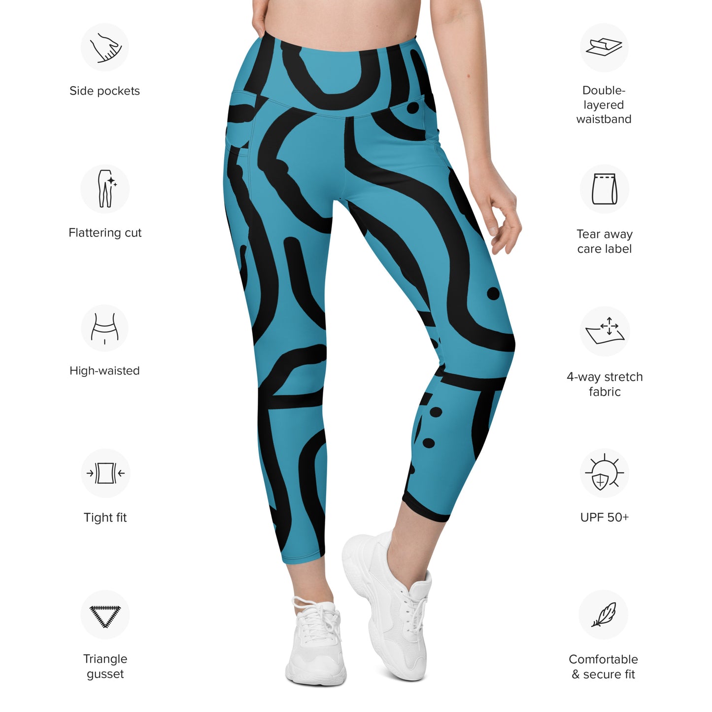 Bantu Print - Blue and Black - Leggings with pockets