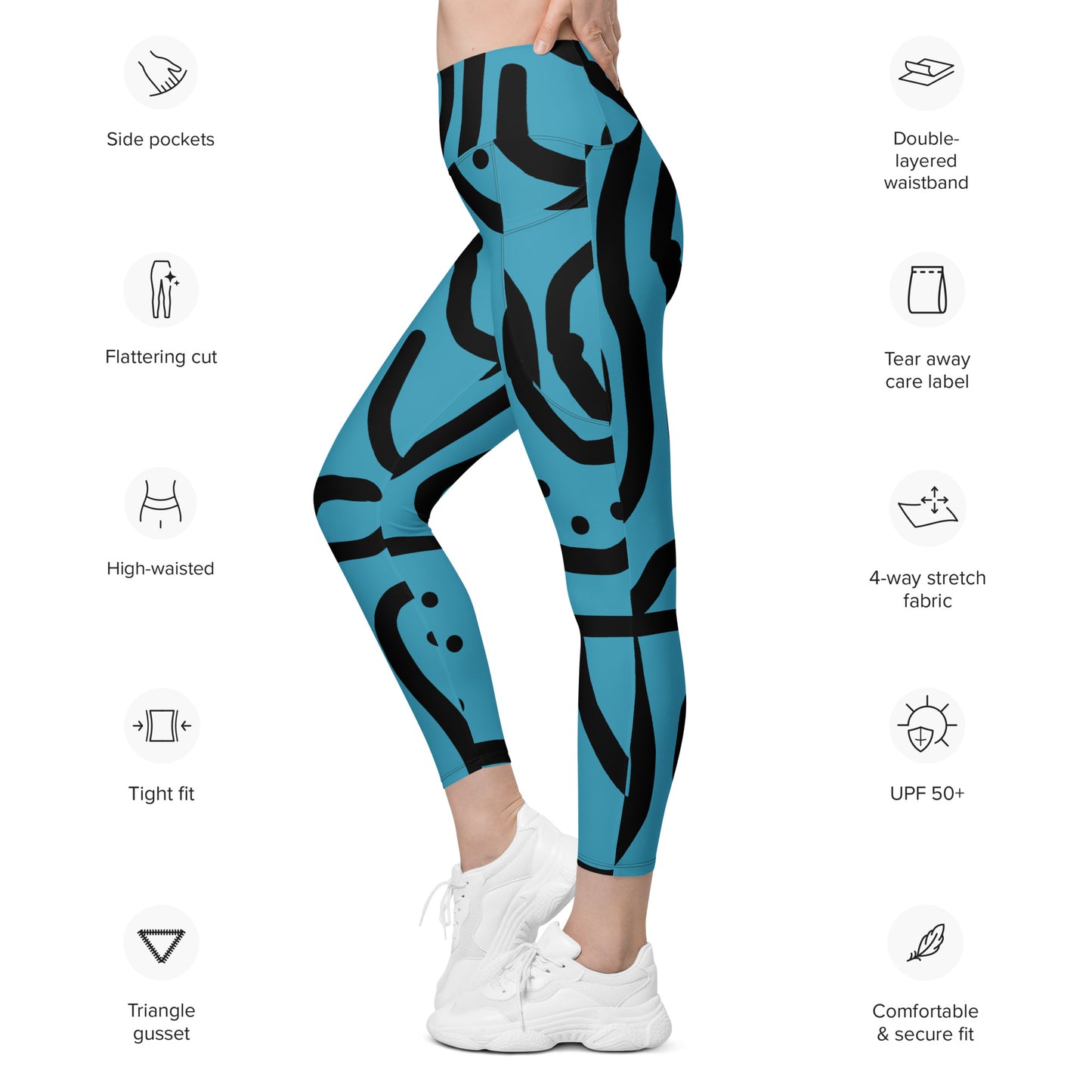 Bantu Print - Blue and Black - Leggings with pockets