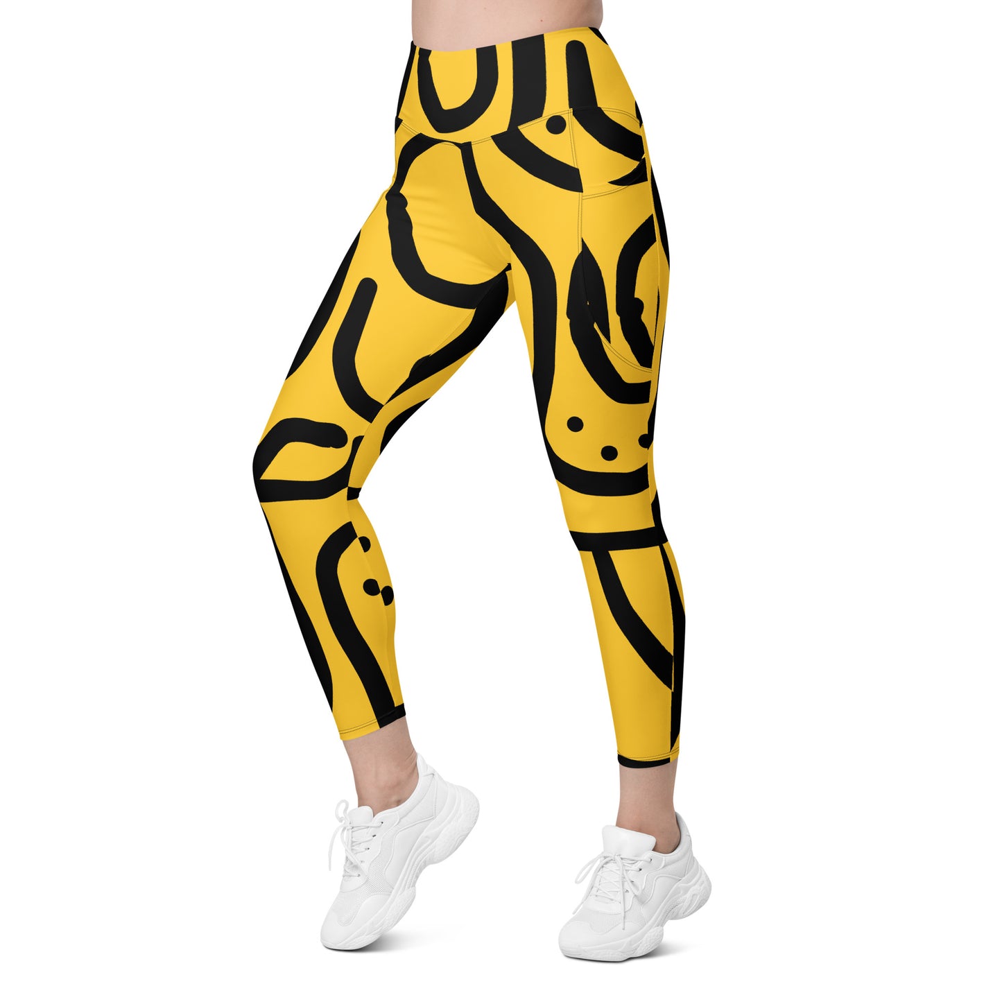 Bantu Print - Yellow Black - Leggings with pockets