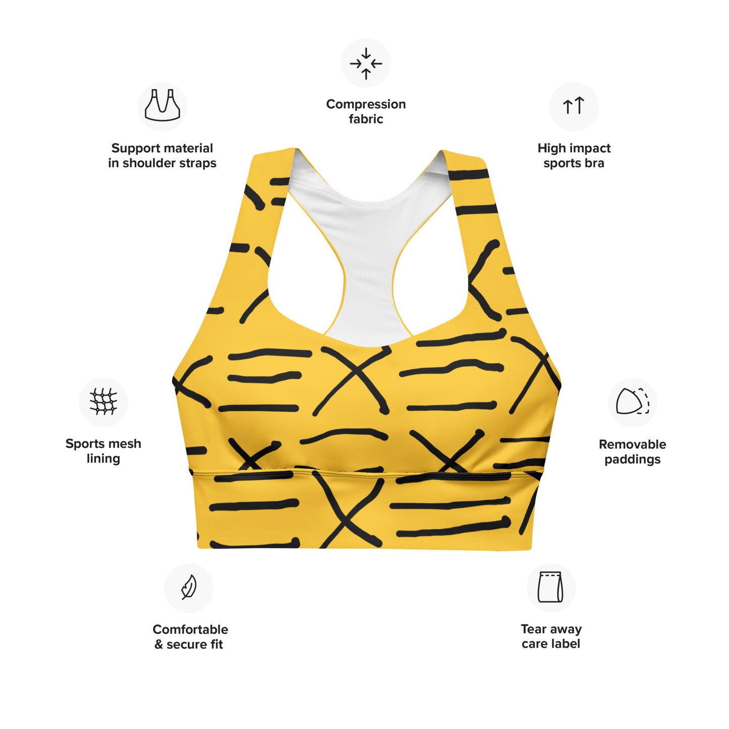 Mud Cloth Inspired Print - Yellow - Longline sports bra