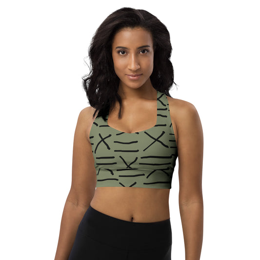 Mud Cloth Inspired Print - Green - Longline sports bra