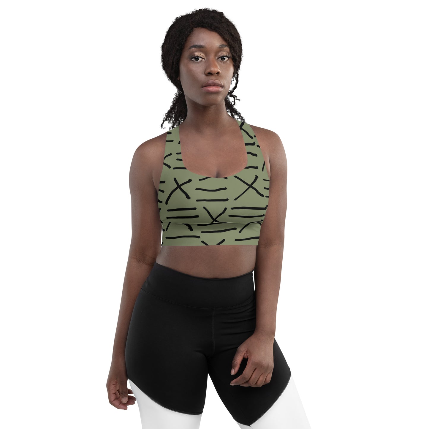 Mud Cloth Inspired Print - Green - Longline sports bra