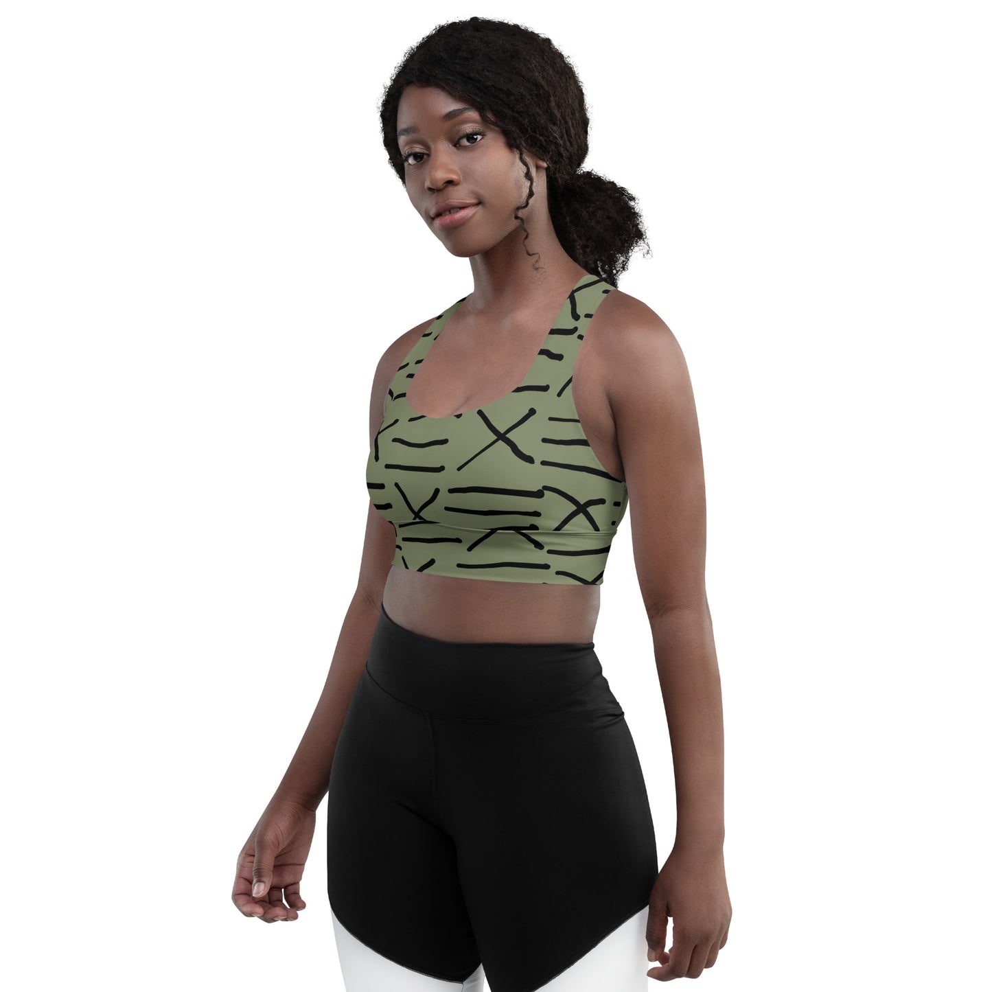 Mud Cloth Inspired Print - Green - Longline sports bra