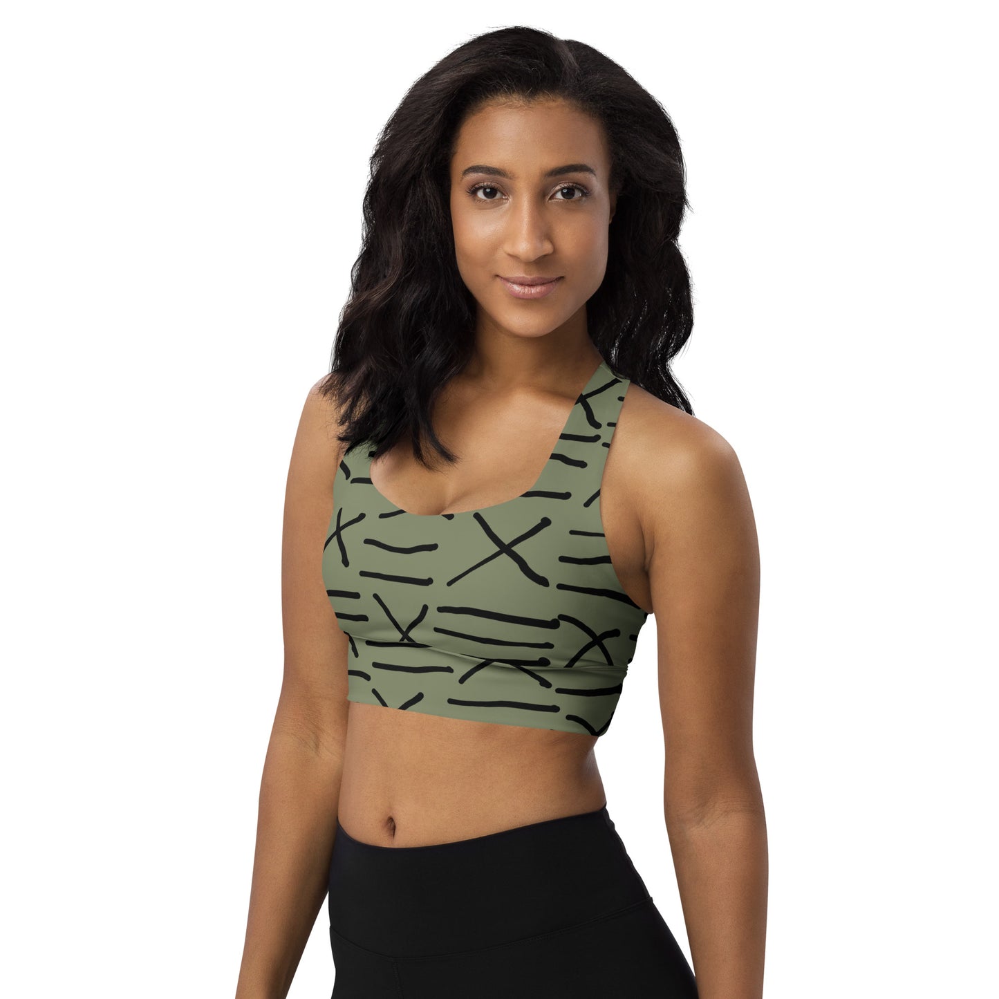 Mud Cloth Inspired Print - Green - Longline sports bra