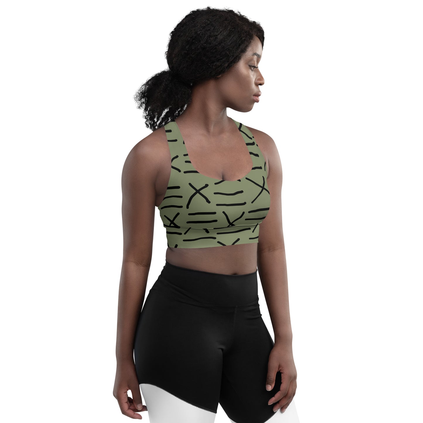 Mud Cloth Inspired Print - Green - Longline sports bra