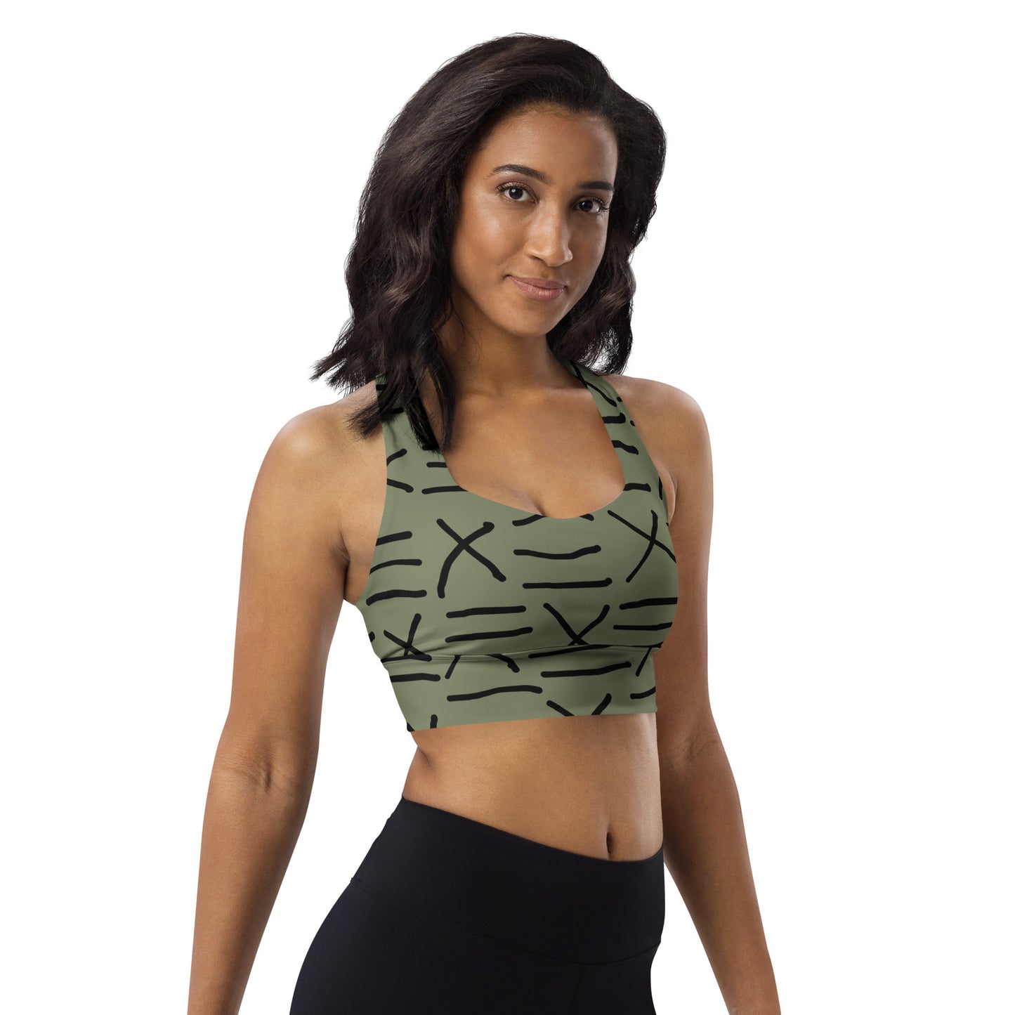 Mud Cloth Inspired Print - Green - Longline sports bra