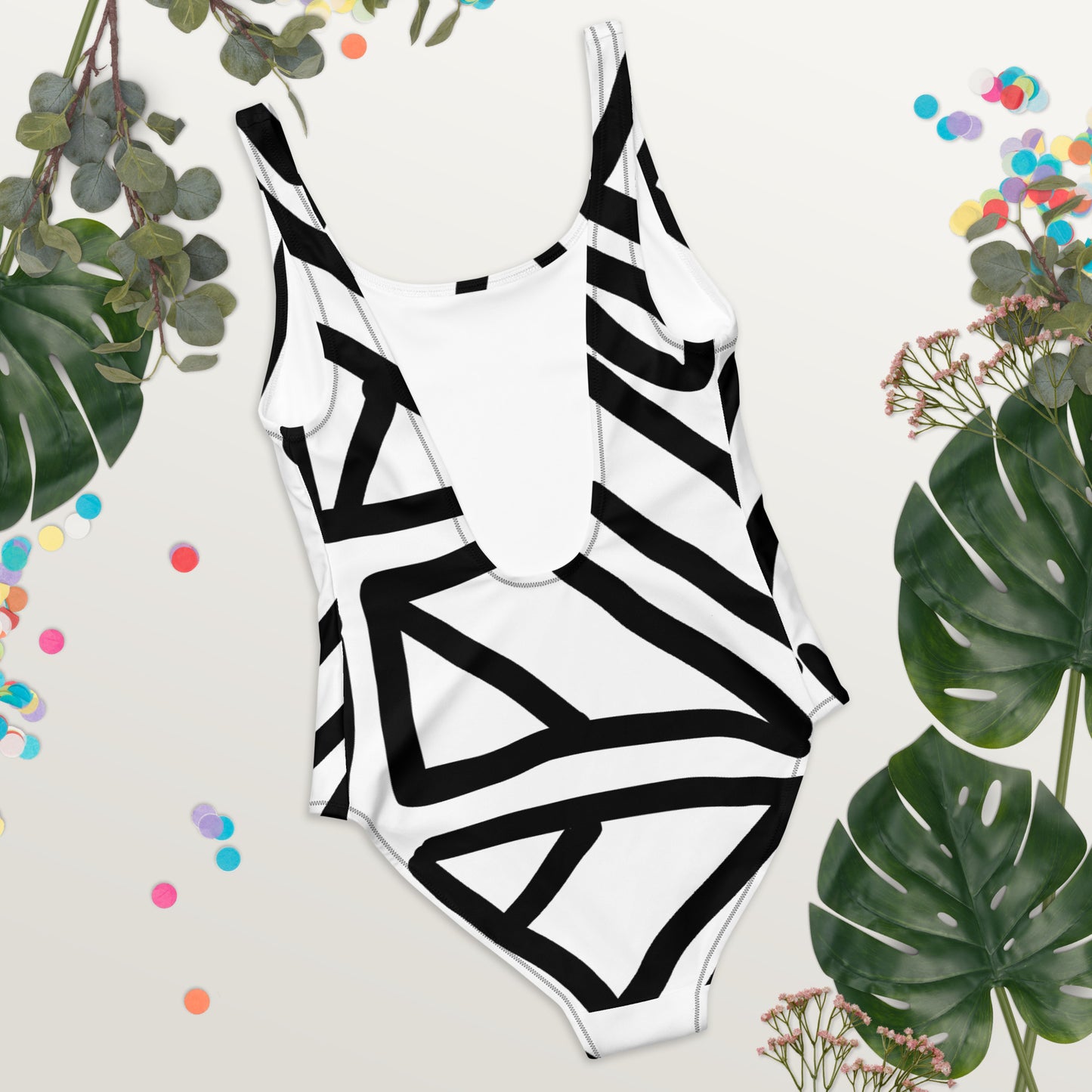 Geometric Print - Black and White - One-Piece Swimsuit