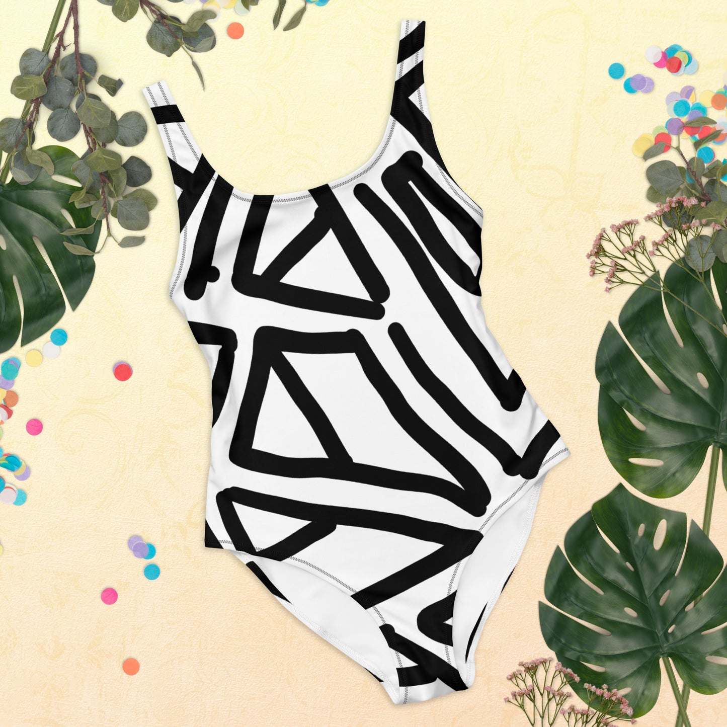 Geometric Print - Black and White - One-Piece Swimsuit