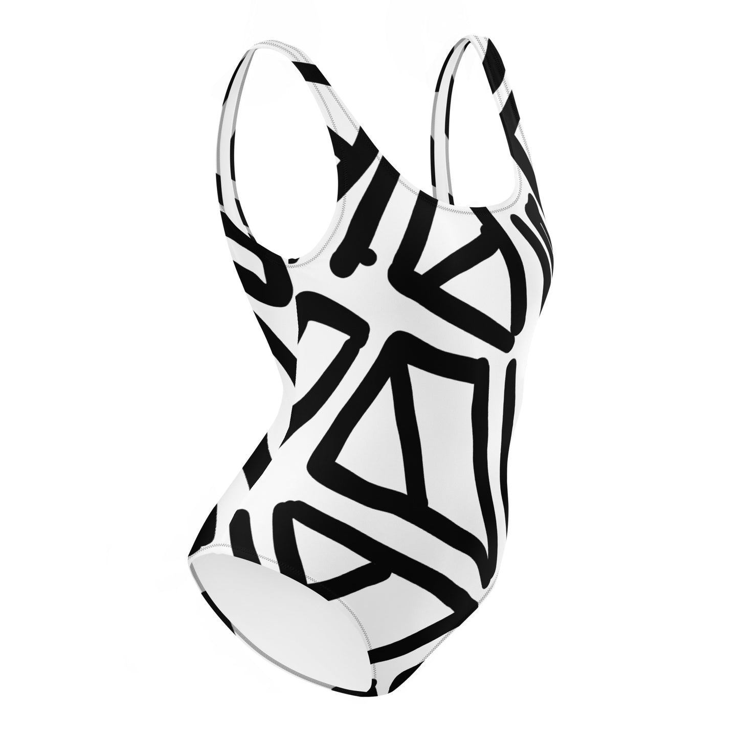 Geometric Print - Black and White - One-Piece Swimsuit