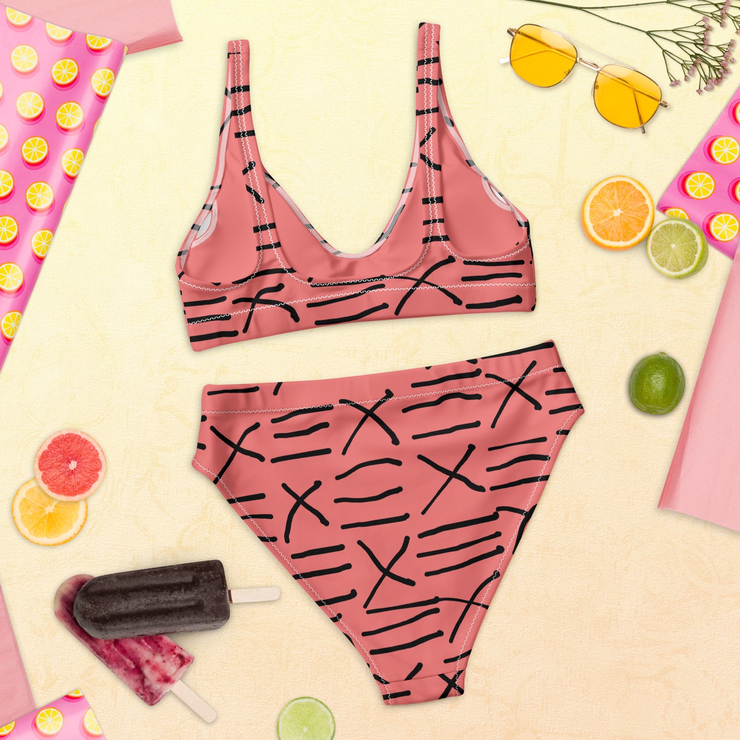 Mud Cloth Inspired Print - Pink - Recycled high-waisted bikini