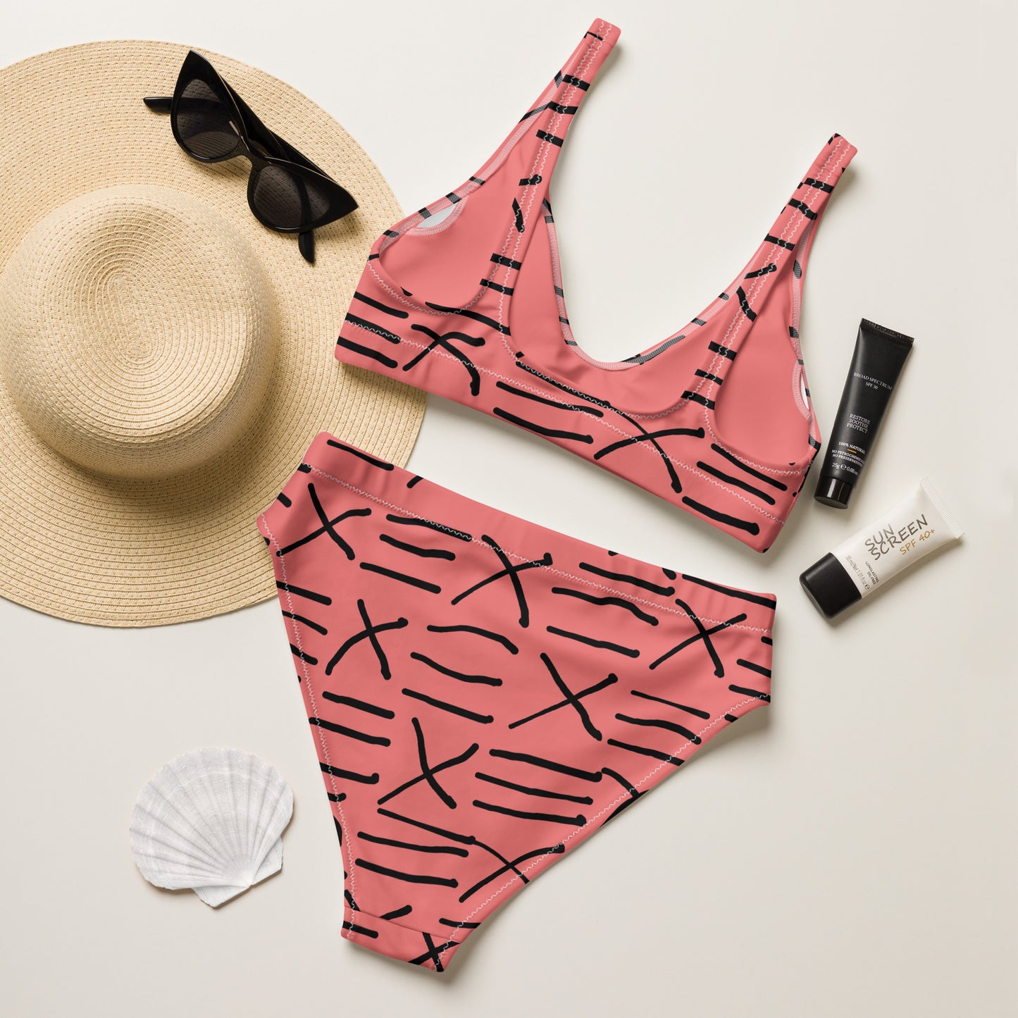 Mud Cloth Inspired Print - Pink - Recycled high-waisted bikini