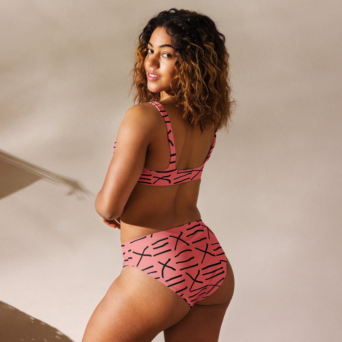 Mud Cloth Inspired Print - Pink - Recycled high-waisted bikini