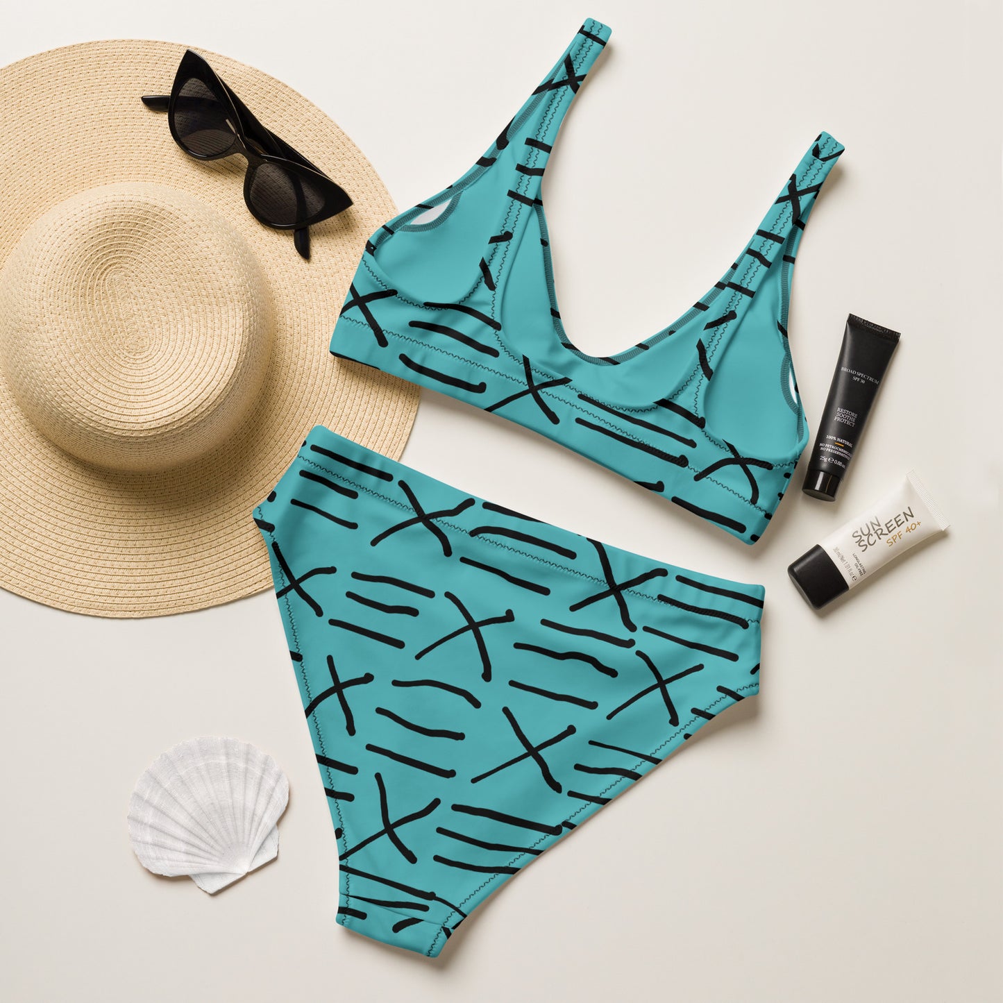 Mud Cloth Inspired Print - Turquoise - Recycled high-waisted bikini