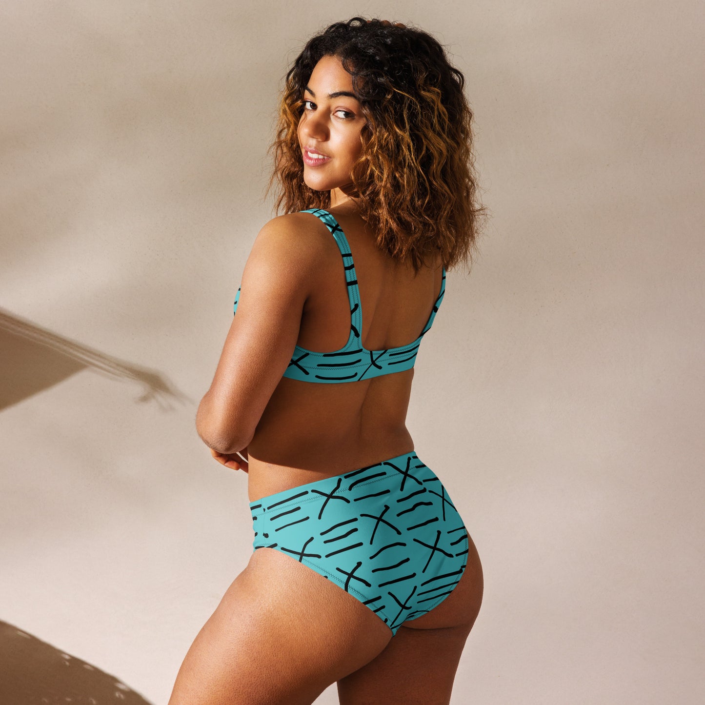 Mud Cloth Inspired Print - Turquoise - Recycled high-waisted bikini