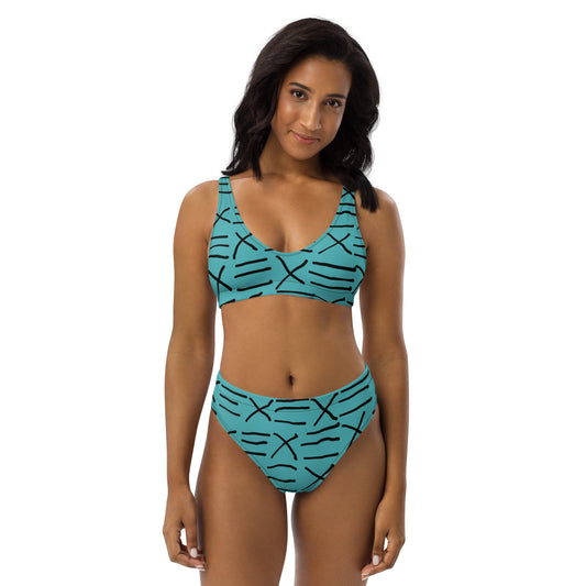 Mud Cloth Inspired Print - Turquoise - Recycled high-waisted bikini