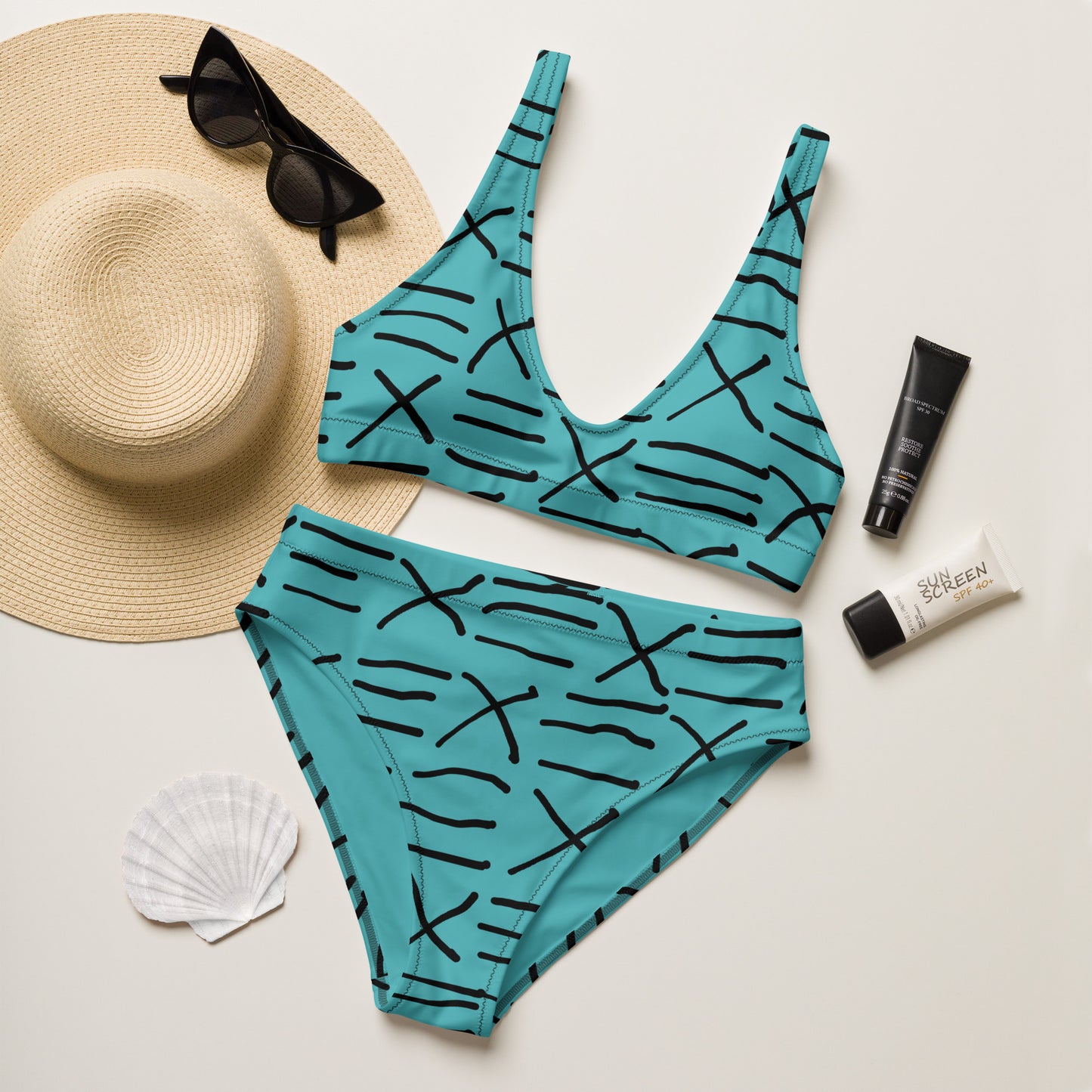 Mud Cloth Inspired Print - Turquoise - Recycled high-waisted bikini