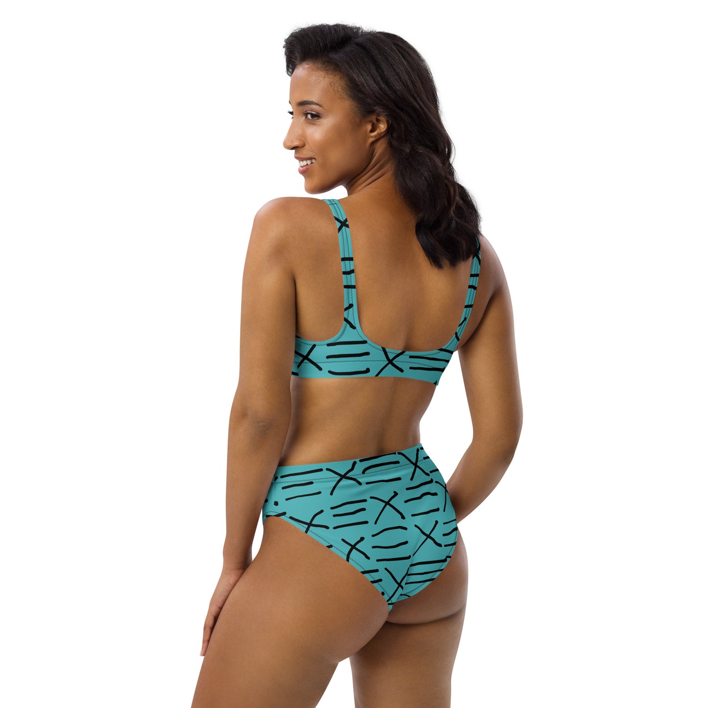 Mud Cloth Inspired Print - Turquoise - Recycled high-waisted bikini