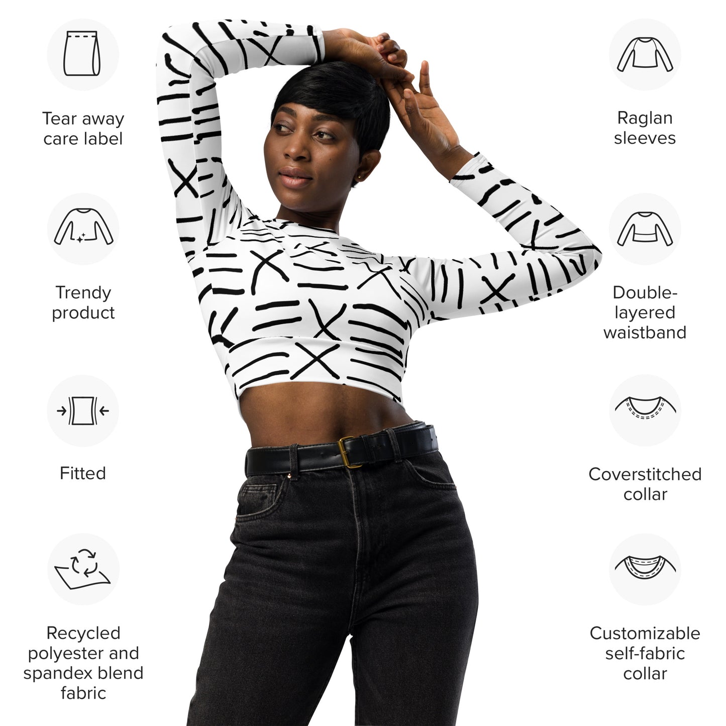 Mud Cloth Inspired Print - Recycled long-sleeve crop top