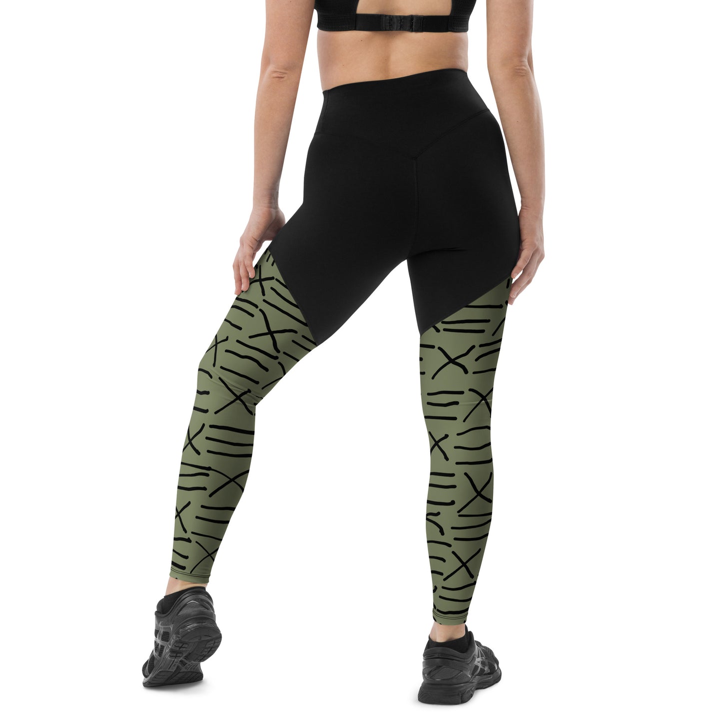 Mud Cloth Inspired Print - Green and Black - Sports Leggings