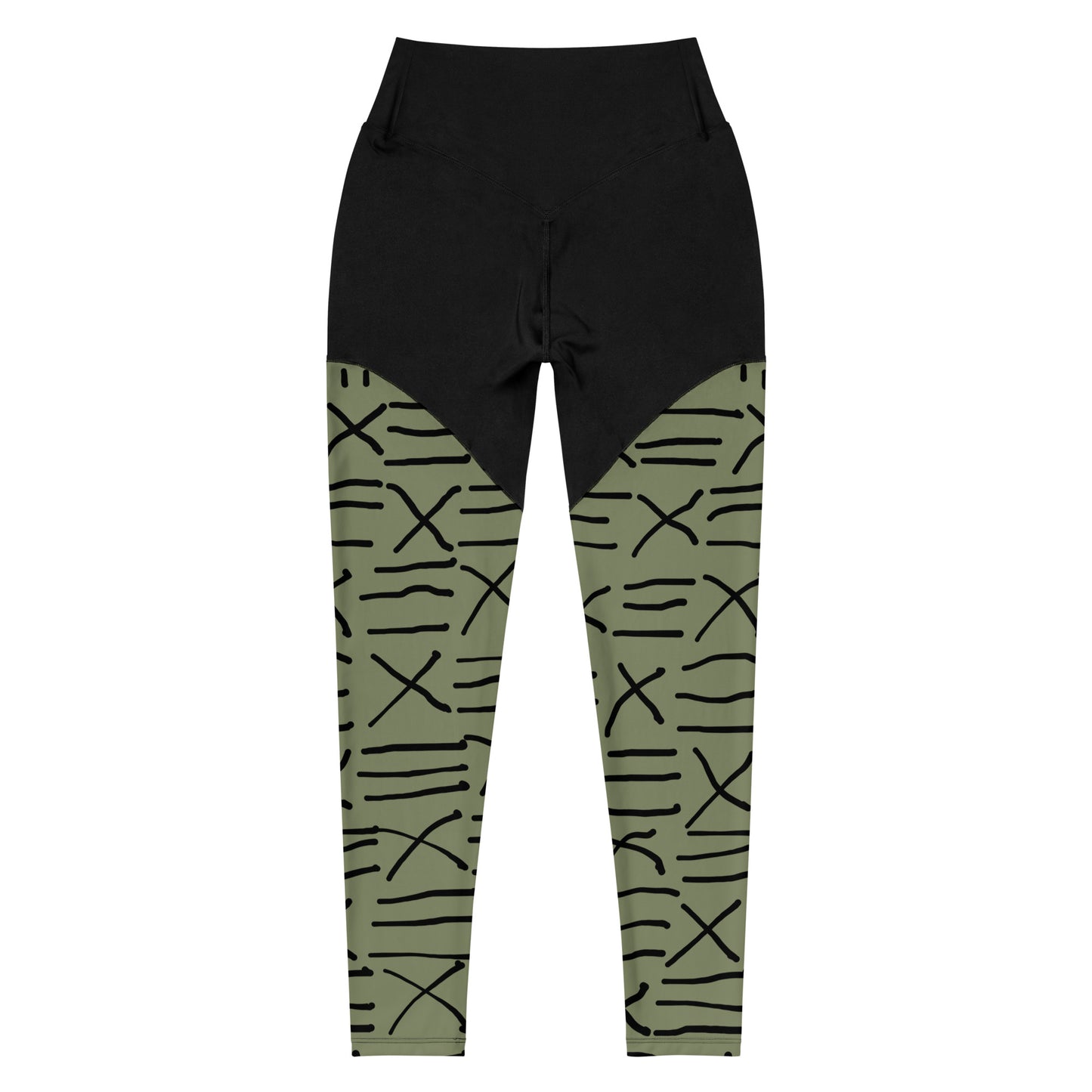 Mud Cloth Inspired Print - Green and Black - Sports Leggings