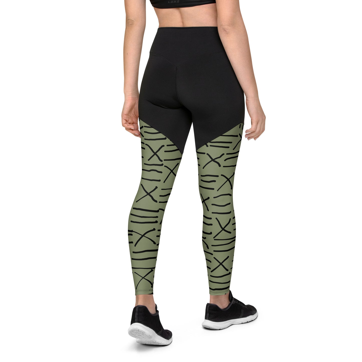 Mud Cloth Inspired Print - Green and Black - Sports Leggings