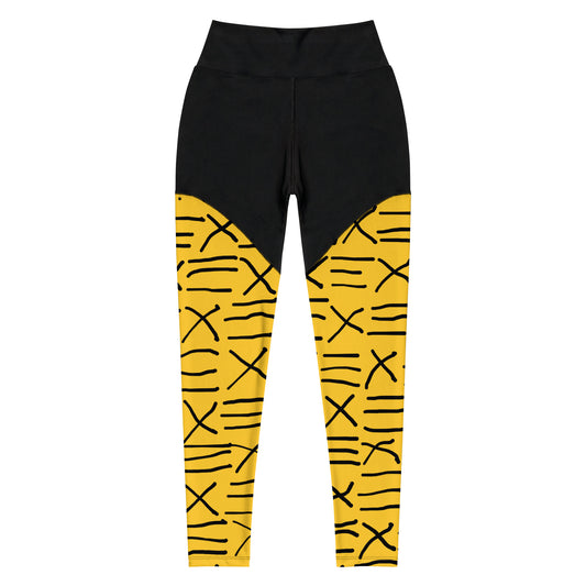 Mud Cloth Inspired Print - Yellow - Sports Leggings