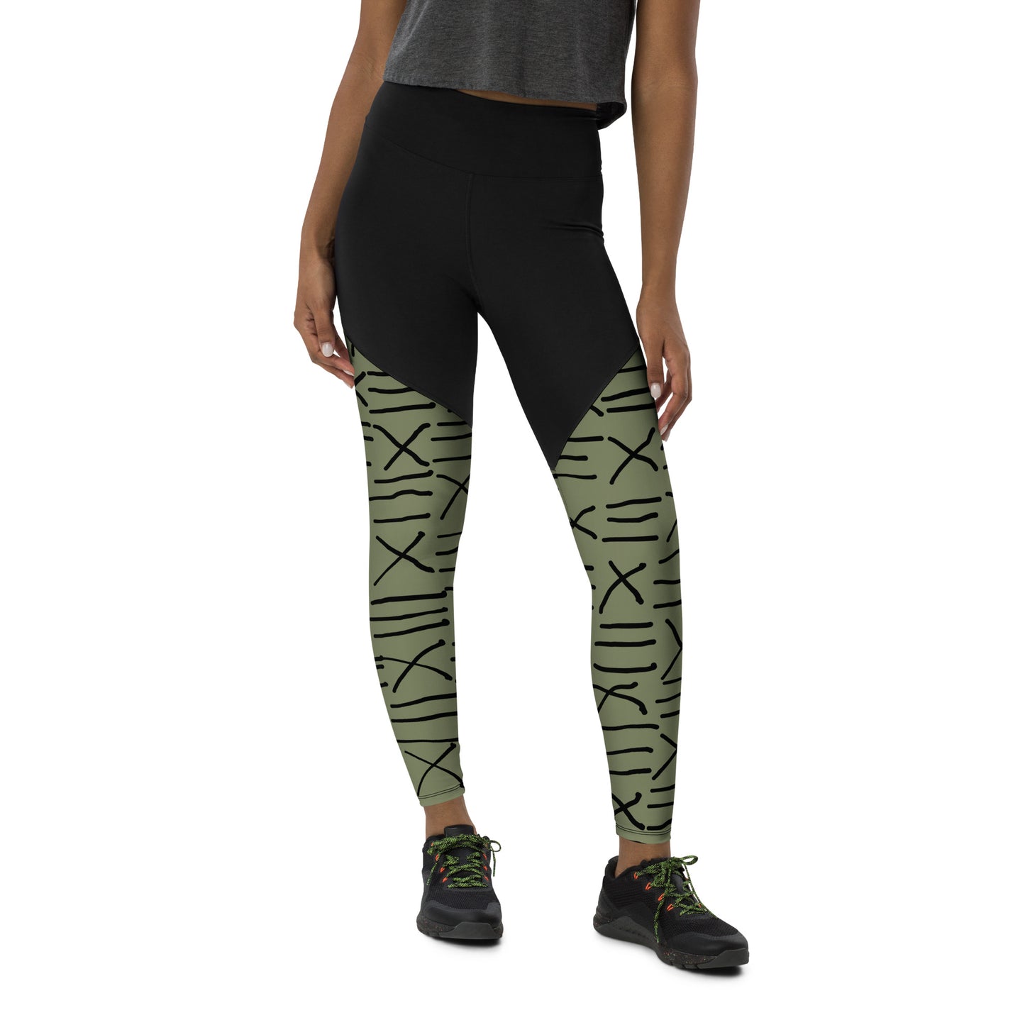 Mud Cloth Inspired Print - Green and Black - Sports Leggings