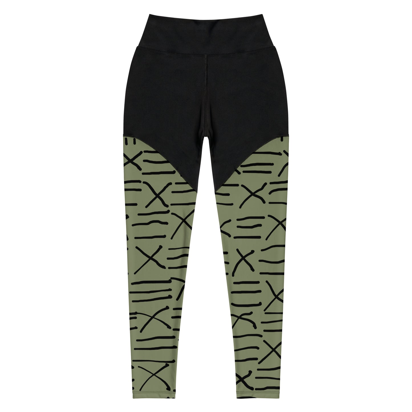 Mud Cloth Inspired Print - Green and Black - Sports Leggings