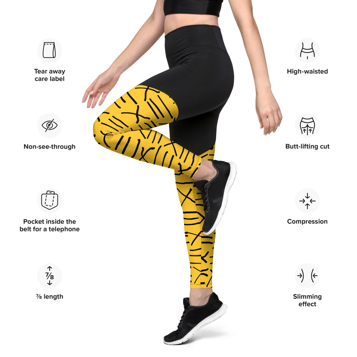 Mud Cloth Inspired Print - Yellow - Sports Leggings