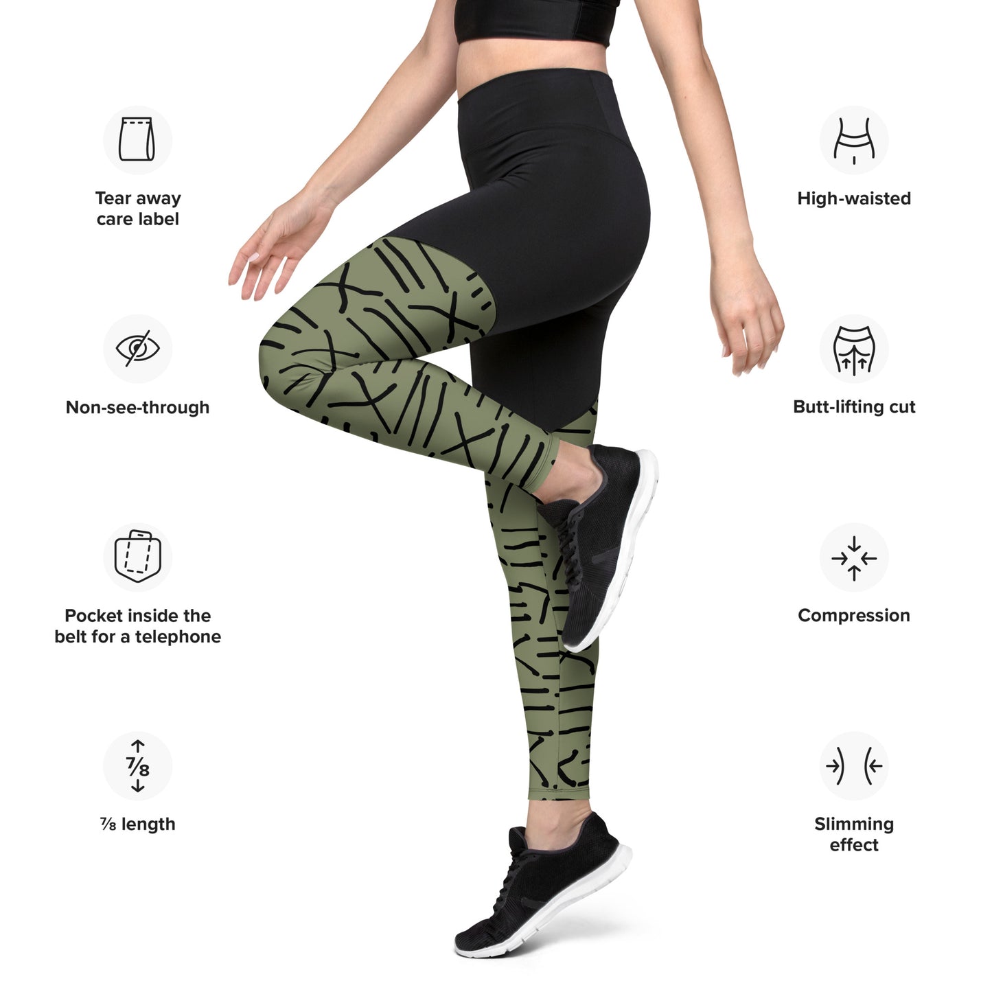 Mud Cloth Inspired Print - Green and Black - Sports Leggings