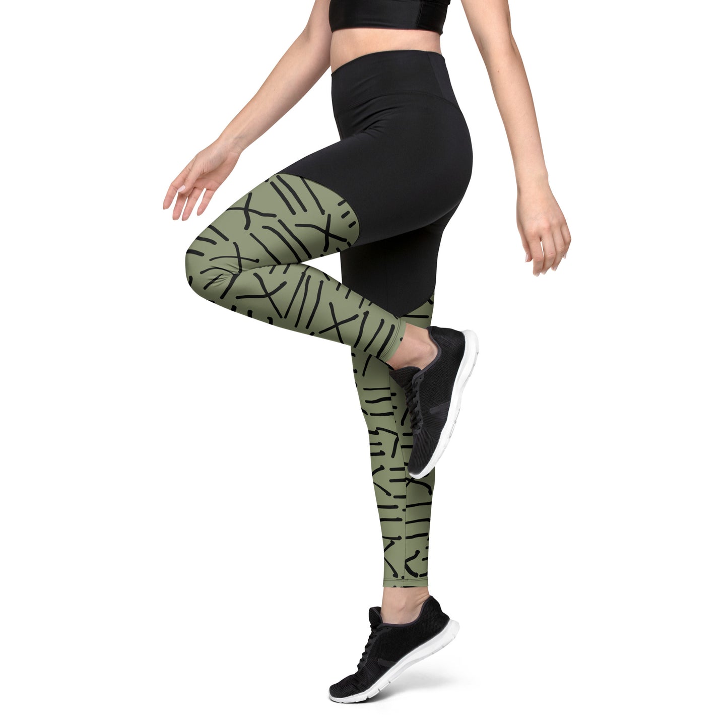 Mud Cloth Inspired Print - Green and Black - Sports Leggings