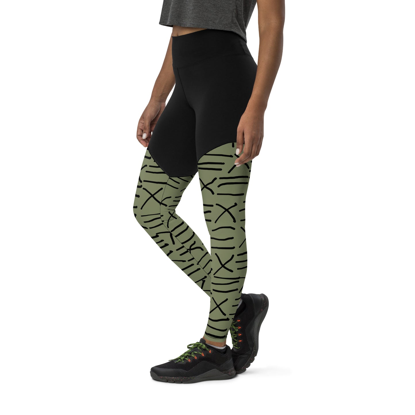 Mud Cloth Inspired Print - Green and Black - Sports Leggings