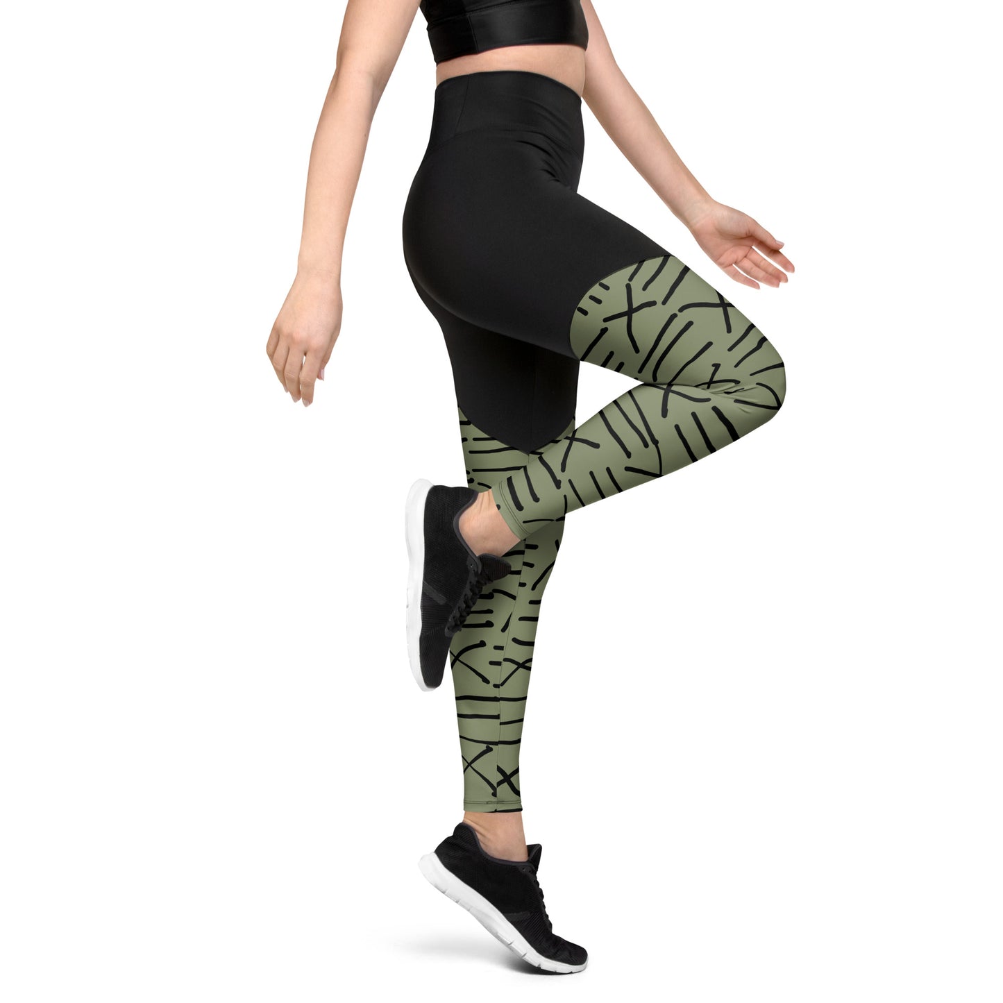 Mud Cloth Inspired Print - Green and Black - Sports Leggings