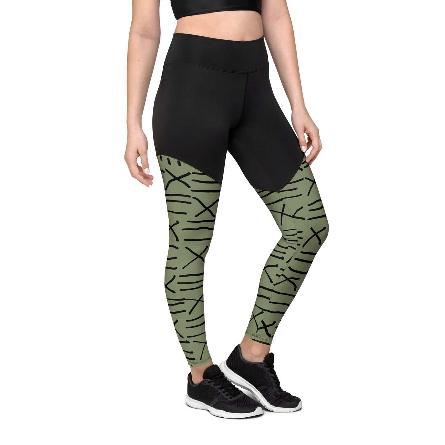 Mud Cloth Inspired Print - Green and Black - Sports Leggings