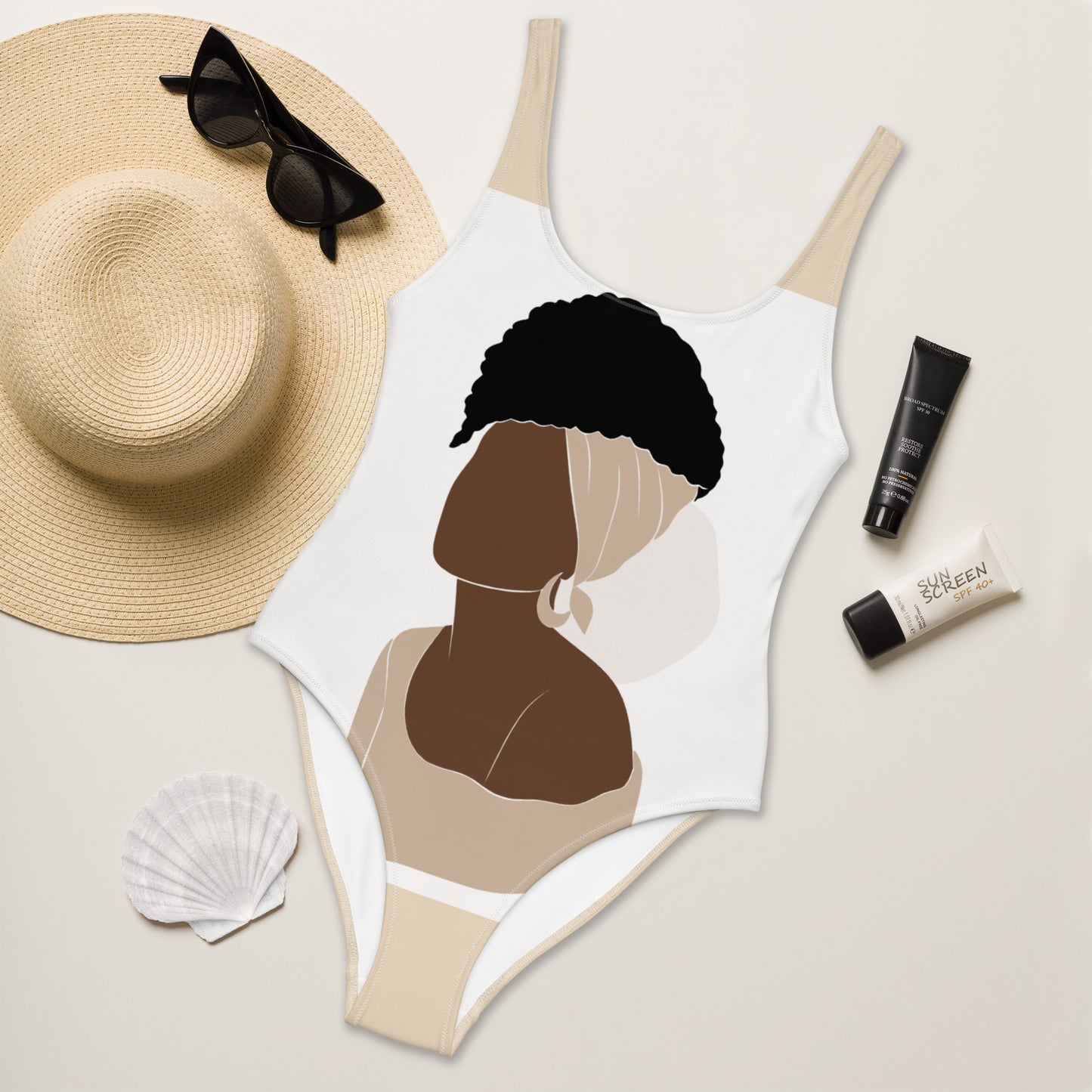 Bronze Lady - One-Piece Swimsuit - Tan and White